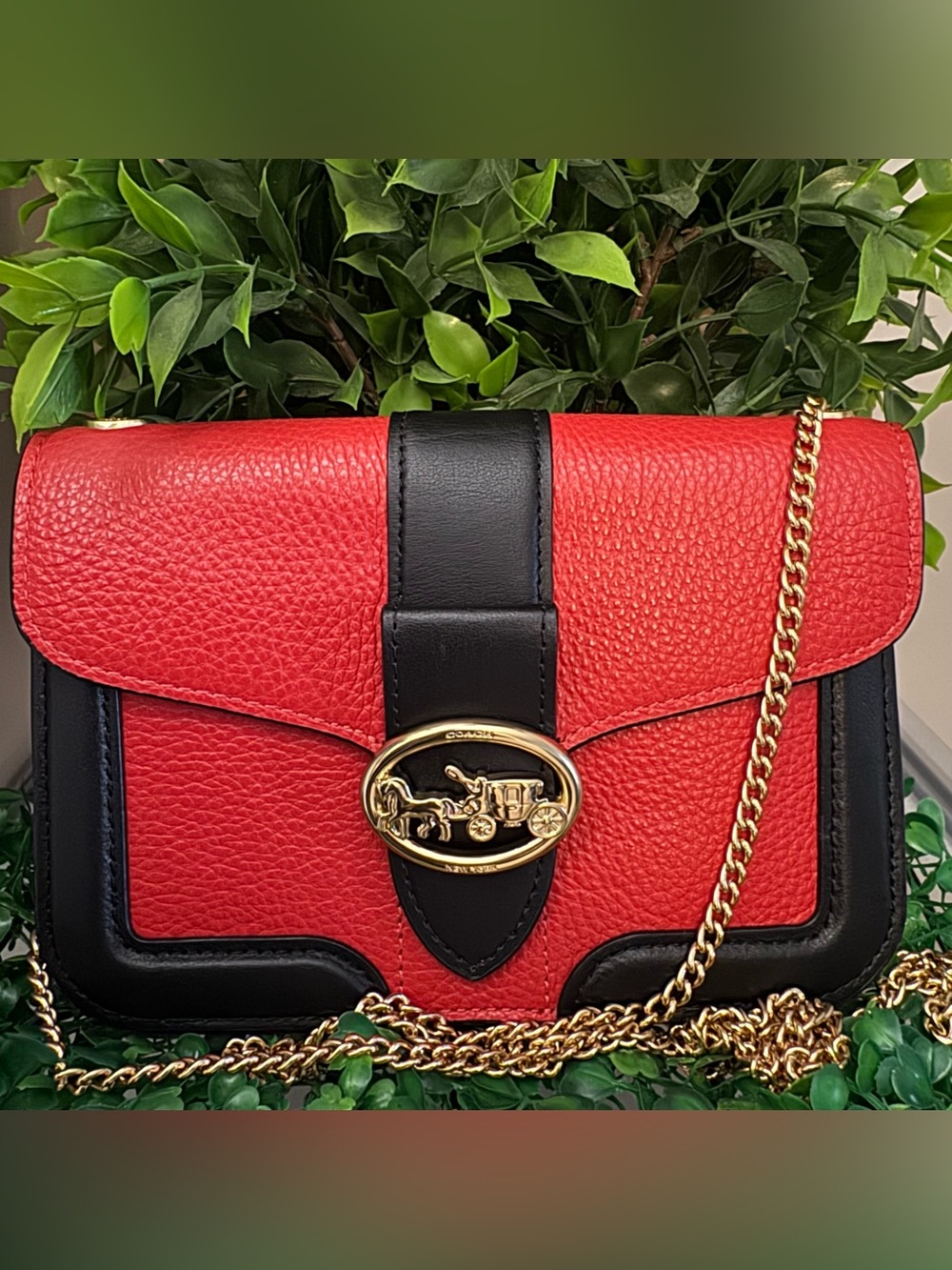 Coach Georgie Red and Black ColorBlock Leather Crossbody with Gold Chain
